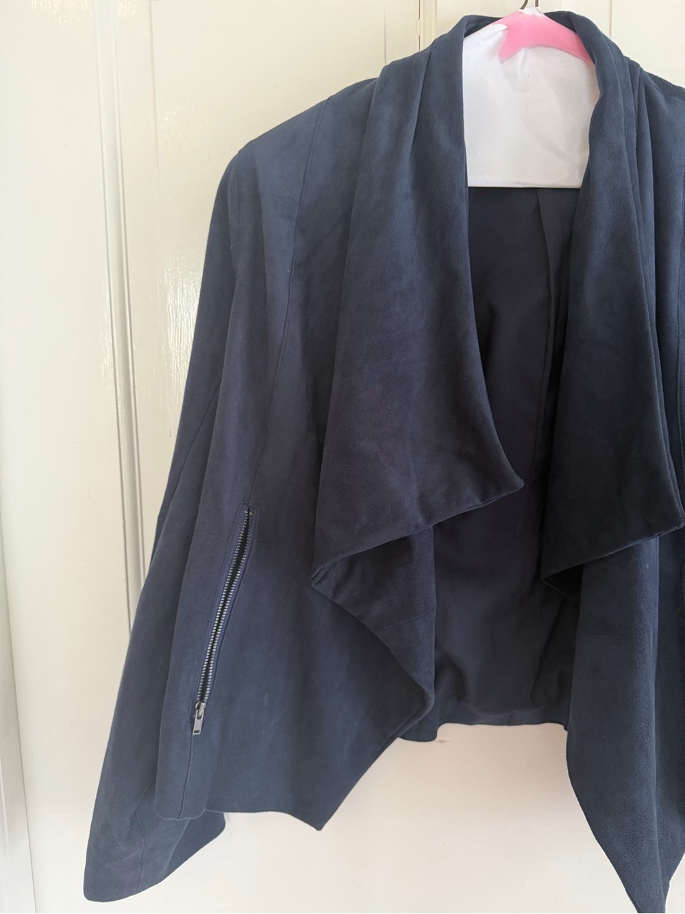 Marie Oliver Navy Faux Suede Drape Front Jacket XS - Picture 2 of 5